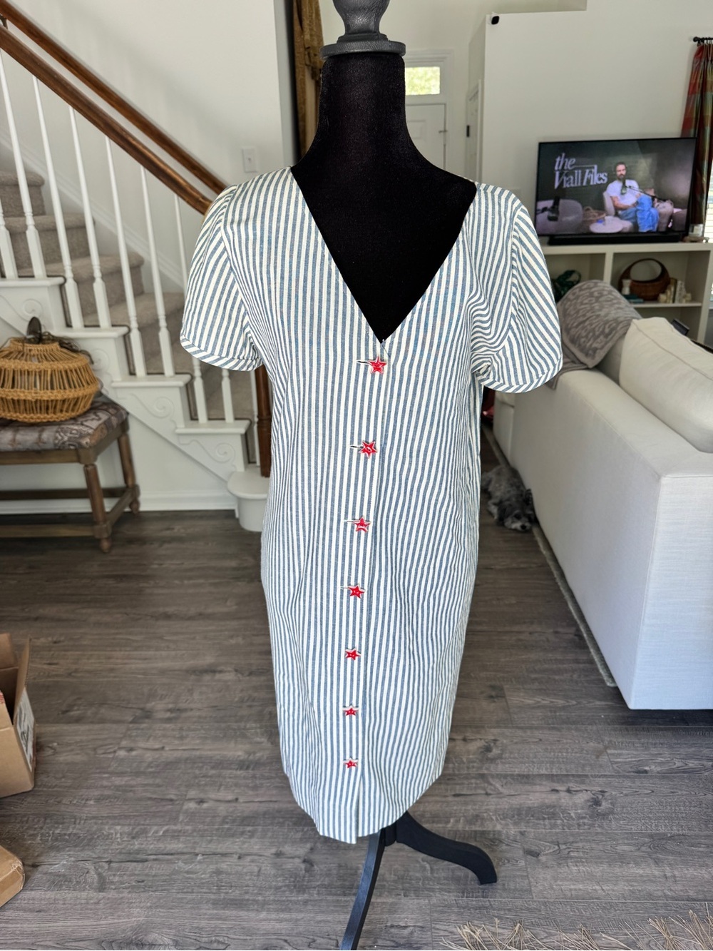 Vintage Handmade Striped V-Neck Button Front Dress with Red Star Buttons